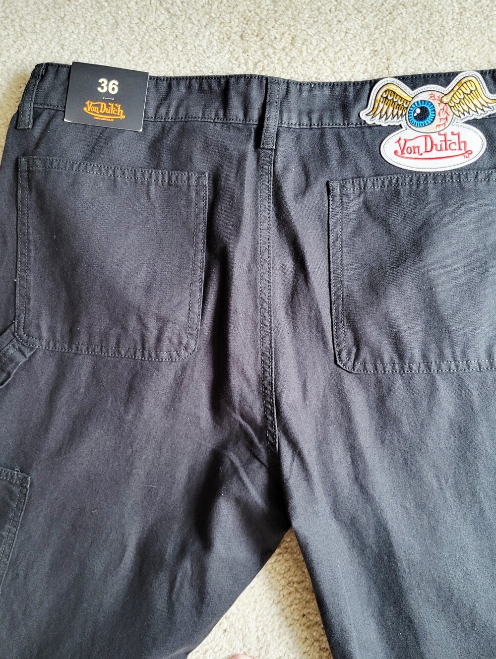 Von Dutch Jeans Men's Size 36 Double Knee Patch Graphic 100% Cotton Black Denim - Picture 7 of 14